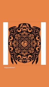 West Coast Indigenous art, black on an orange background, with "215" in the middle of the circle, supported. Art by Chase Gray, for non profit/ educational use only. awww.gaysalishart.com