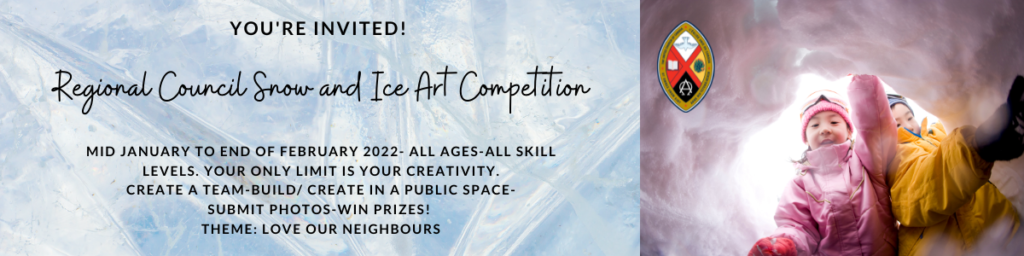 Two kids playing in the snow looking at camera. Text to left: Regional Snow and Ice Art Competition, mid January- end of February 2022.